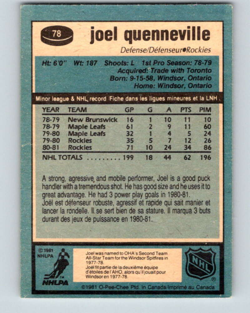 1981-82 O-Pee-Chee #78 Joel Quenneville  Colorado Rockies  V29977