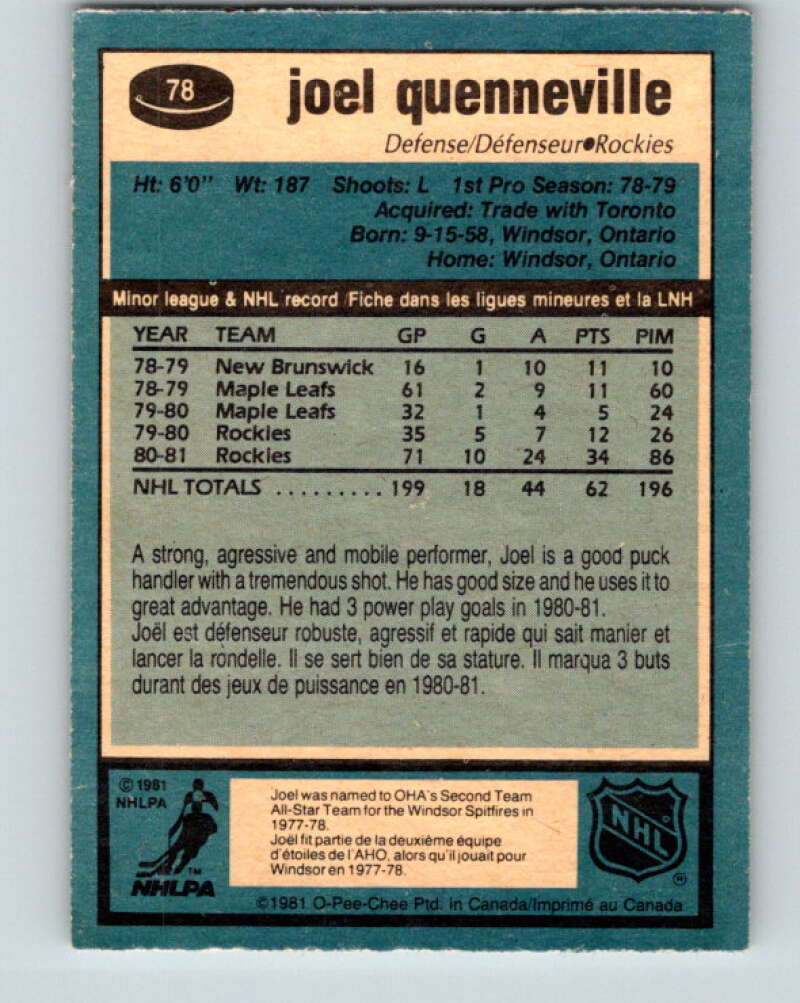 1981-82 O-Pee-Chee #78 Joel Quenneville  Colorado Rockies  V29978