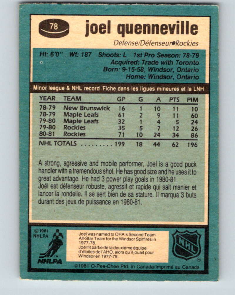1981-82 O-Pee-Chee #78 Joel Quenneville  Colorado Rockies  V29979