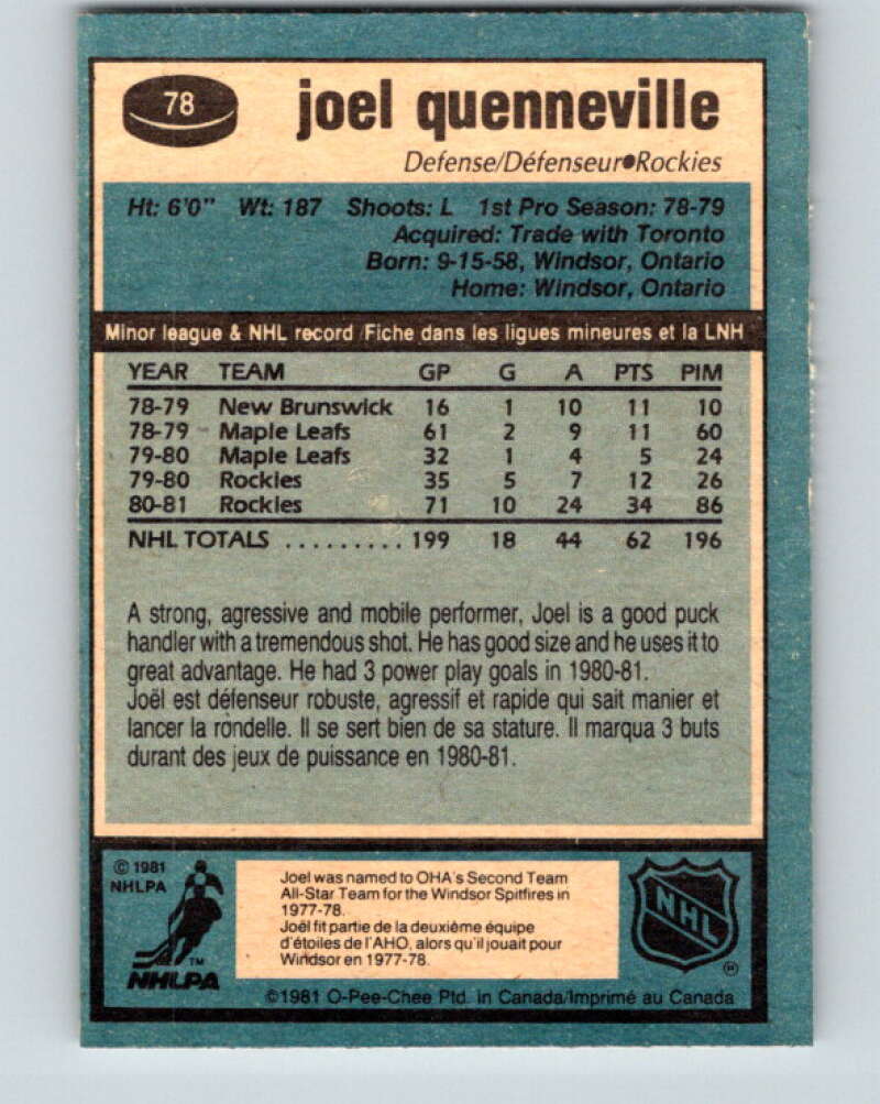 1981-82 O-Pee-Chee #78 Joel Quenneville  Colorado Rockies  V29980