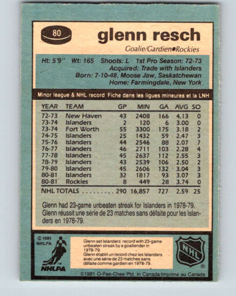 1981-82 O-Pee-Chee #80 Glenn Resch  Colorado Rockies  V29986