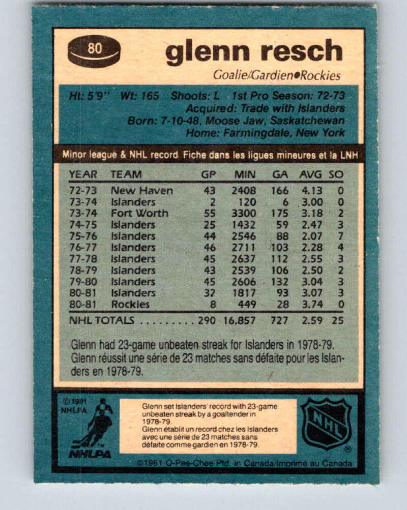 1981-82 O-Pee-Chee #80 Glenn Resch  Colorado Rockies  V29988