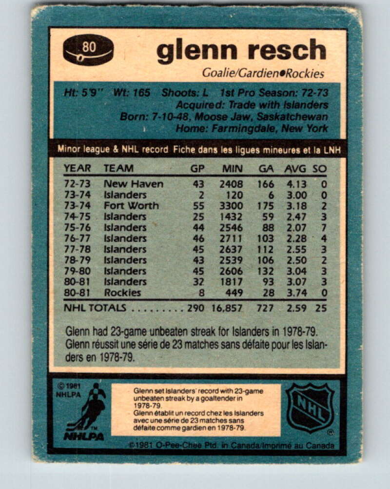 1981-82 O-Pee-Chee #80 Glenn Resch  Colorado Rockies  V29991