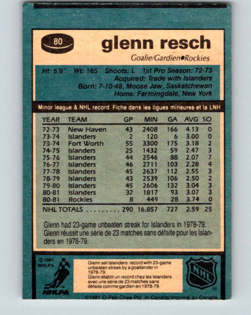 1981-82 O-Pee-Chee #80 Glenn Resch  Colorado Rockies  V29992
