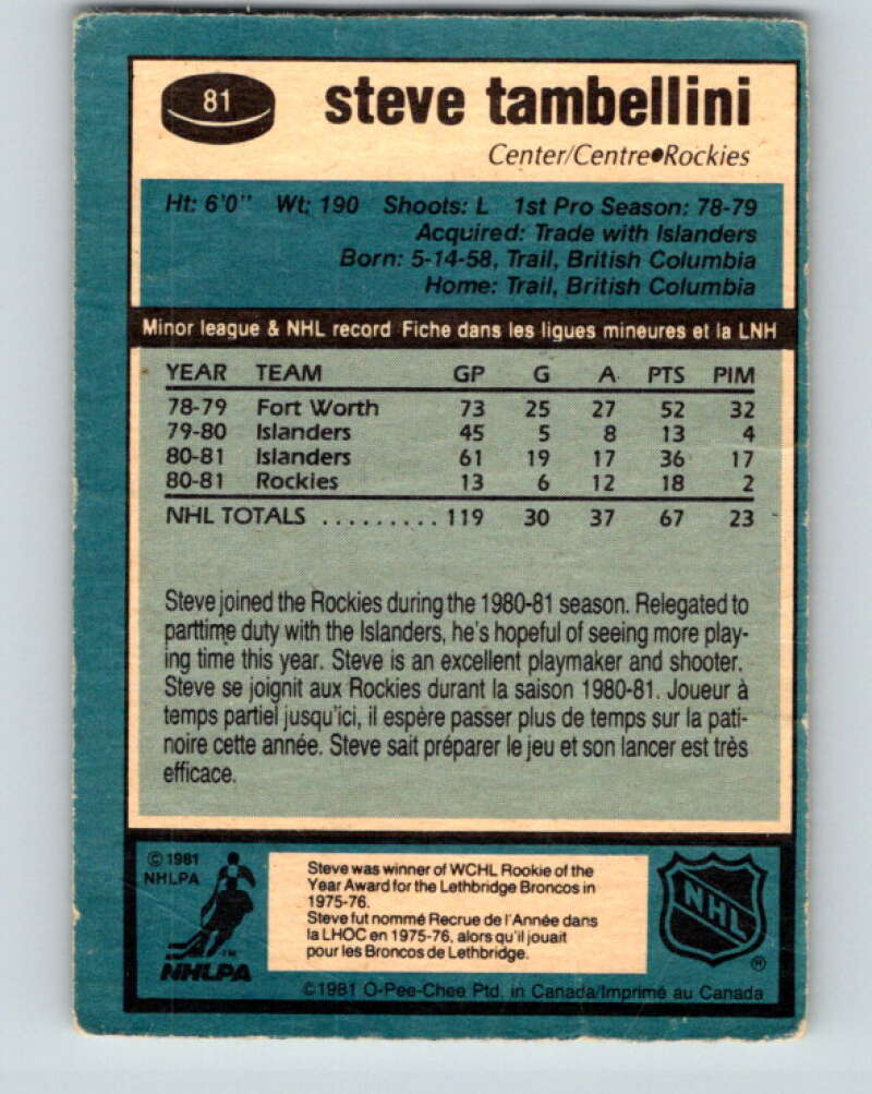 1981-82 O-Pee-Chee #81 Steve Tambellini  Colorado Rockies  V29997