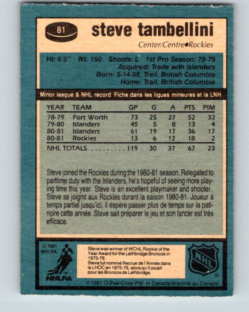 1981-82 O-Pee-Chee #81 Steve Tambellini  Colorado Rockies  V30002