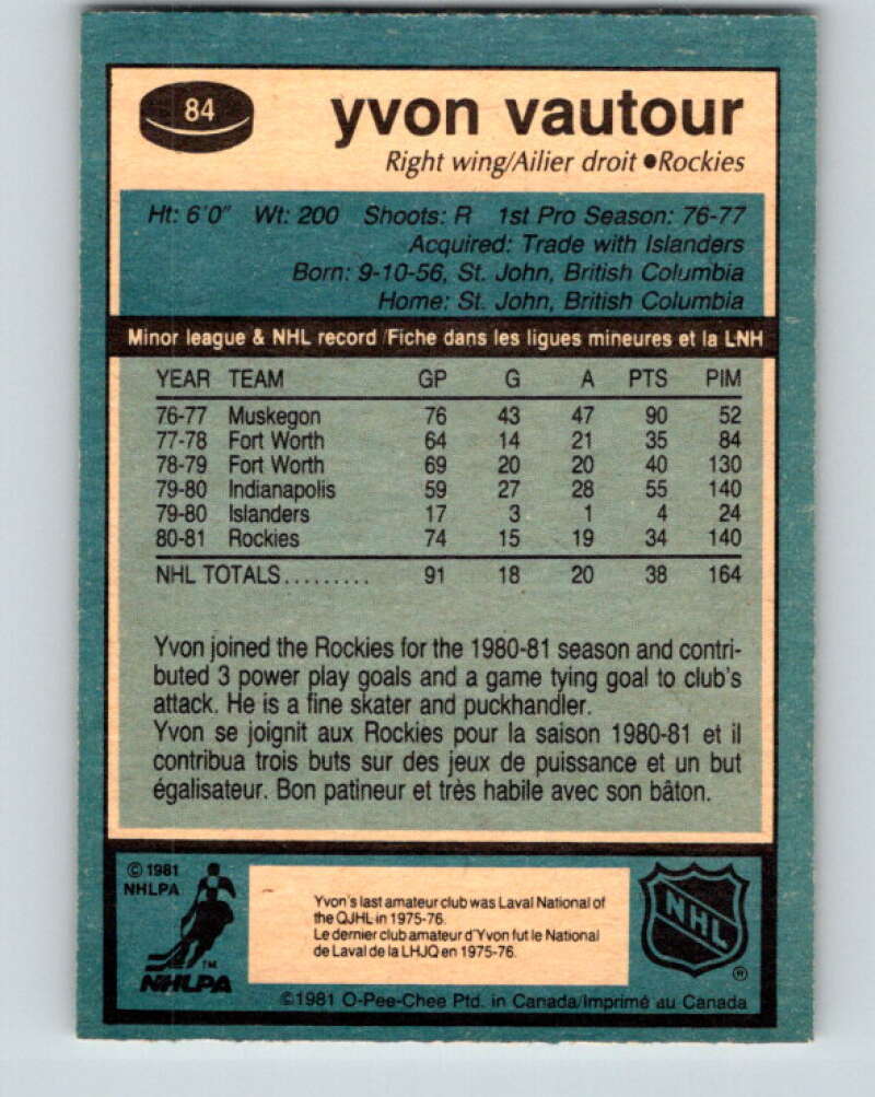 1981-82 O-Pee-Chee #84 Yvon Vautour RC Rookie Rockies  V30017