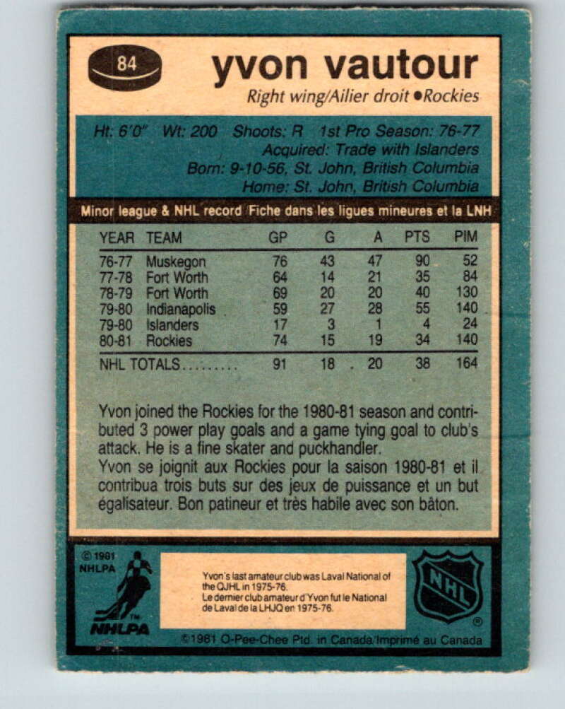 1981-82 O-Pee-Chee #84 Yvon Vautour RC Rookie Rockies  V30019