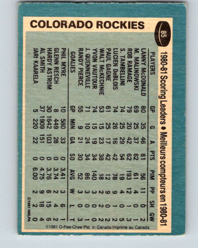 1981-82 O-Pee-Chee #85 Lanny McDonald TL  Colorado Rockies  V30030