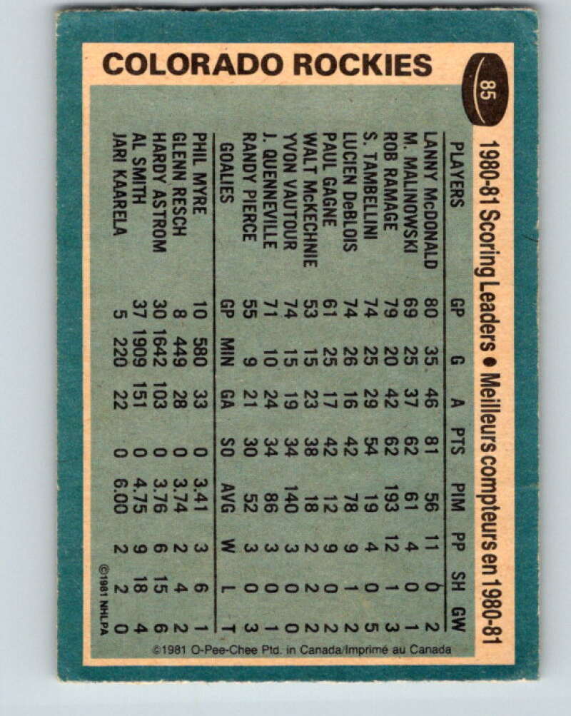 1981-82 O-Pee-Chee #85 Lanny McDonald TL  Colorado Rockies  V30032