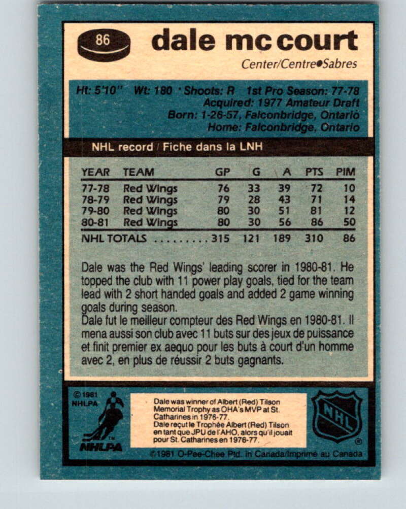 1981-82 O-Pee-Chee #86 Dale McCourt  Buffalo Sabres  V30034