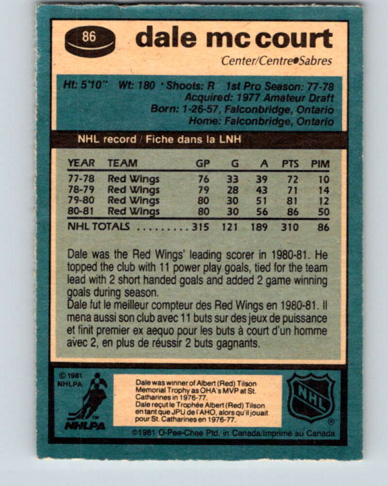 1981-82 O-Pee-Chee #86 Dale McCourt  Buffalo Sabres  V30035