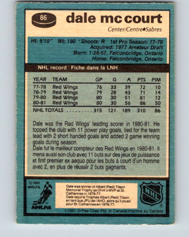 1981-82 O-Pee-Chee #86 Dale McCourt  Buffalo Sabres  V30037