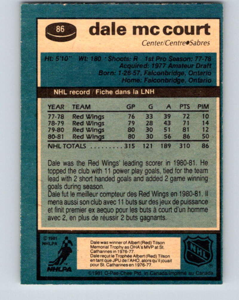 1981-82 O-Pee-Chee #86 Dale McCourt  Buffalo Sabres  V30038