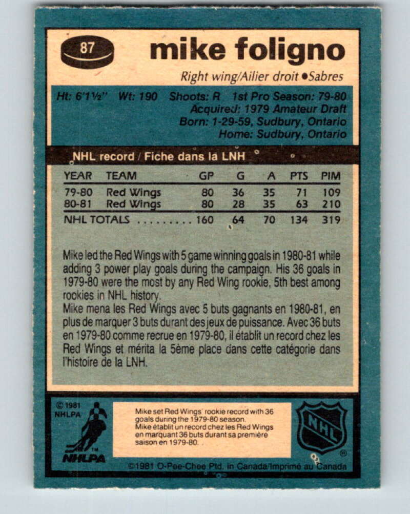 1981-82 O-Pee-Chee #87 Mike Foligno  Detroit Red Wings  V30047