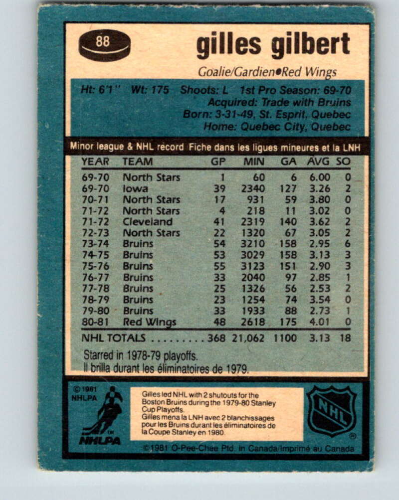 1981-82 O-Pee-Chee #88 Gilles Gilbert  Detroit Red Wings  V30051