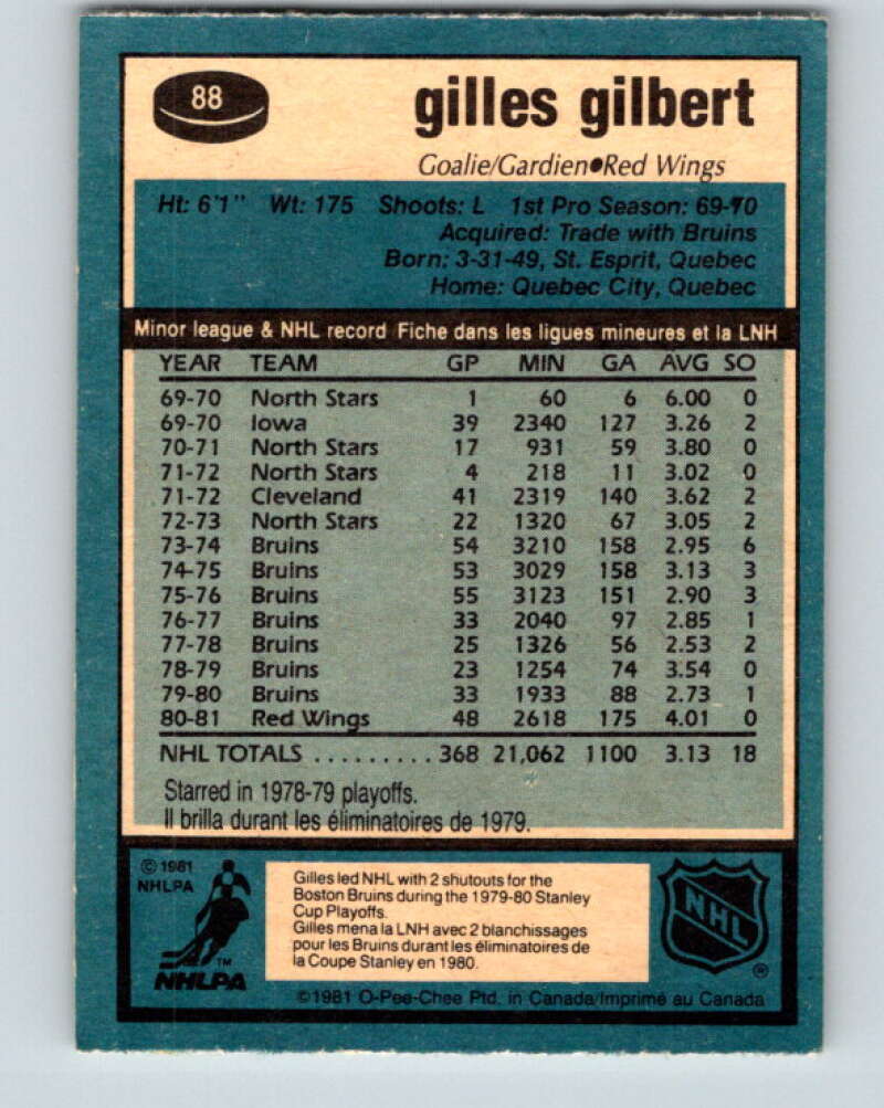 1981-82 O-Pee-Chee #88 Gilles Gilbert  Detroit Red Wings  V30053