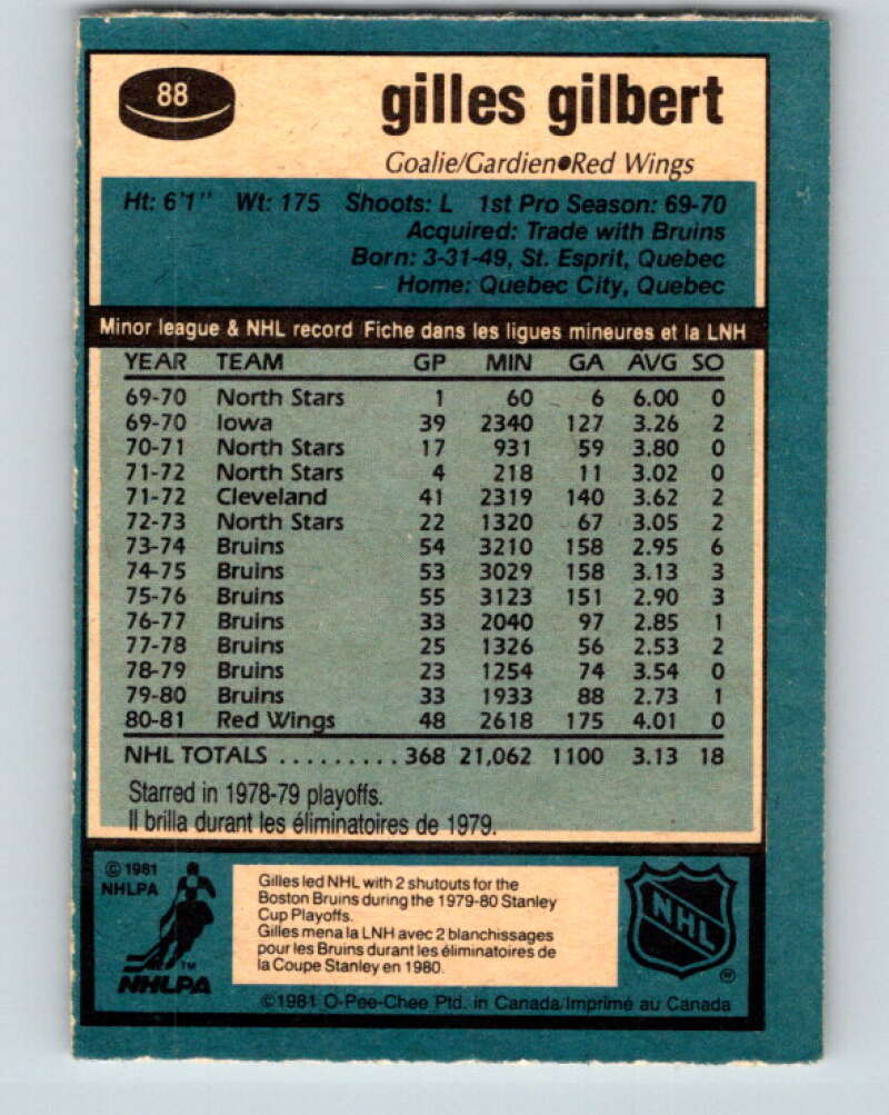 1981-82 O-Pee-Chee #88 Gilles Gilbert  Detroit Red Wings  V30054