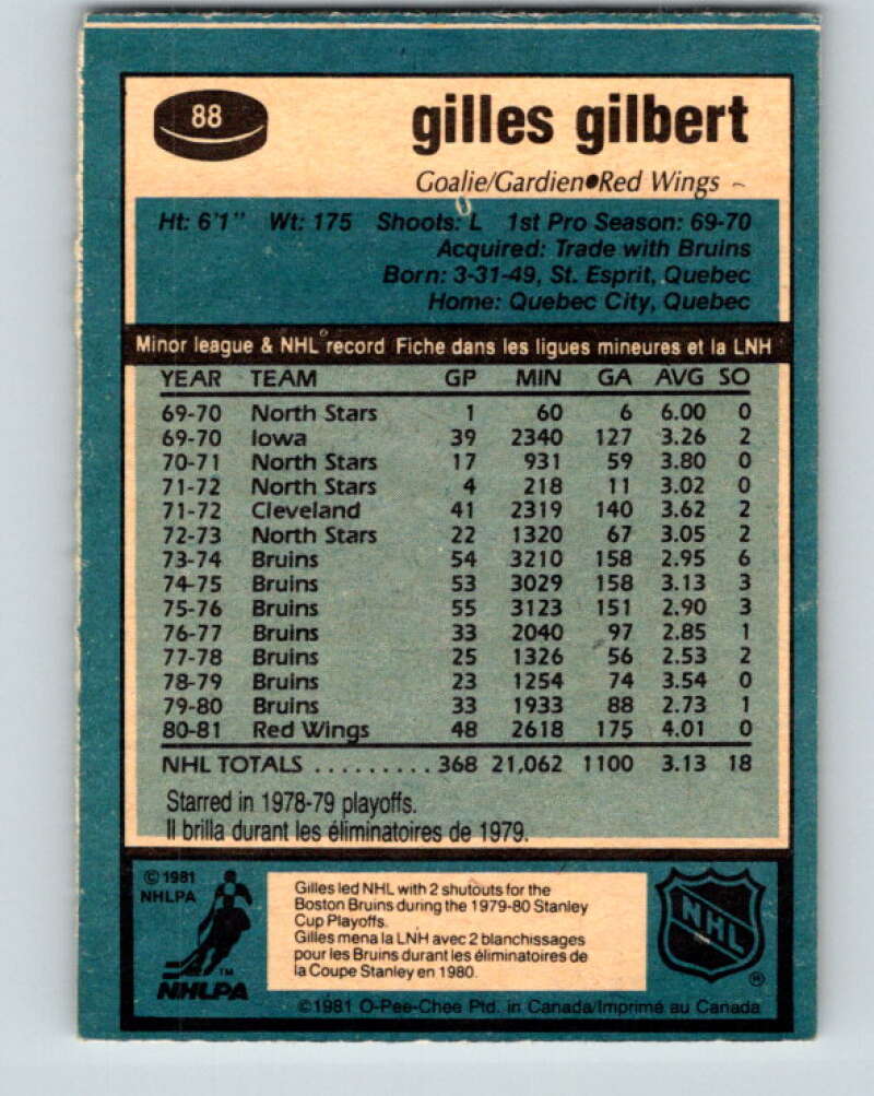 1981-82 O-Pee-Chee #88 Gilles Gilbert  Detroit Red Wings  V30055