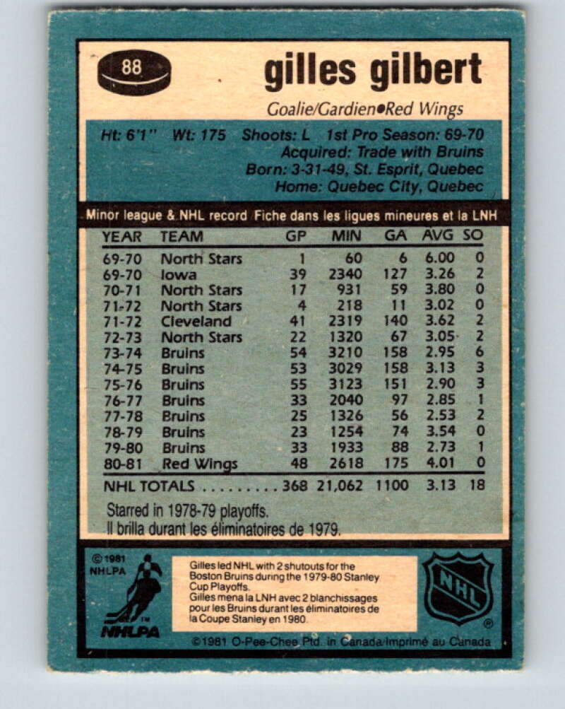 1981-82 O-Pee-Chee #88 Gilles Gilbert  Detroit Red Wings  V30056