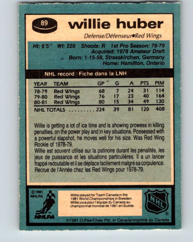 1981-82 O-Pee-Chee #89 Willie Huber  Detroit Red Wings  V30058