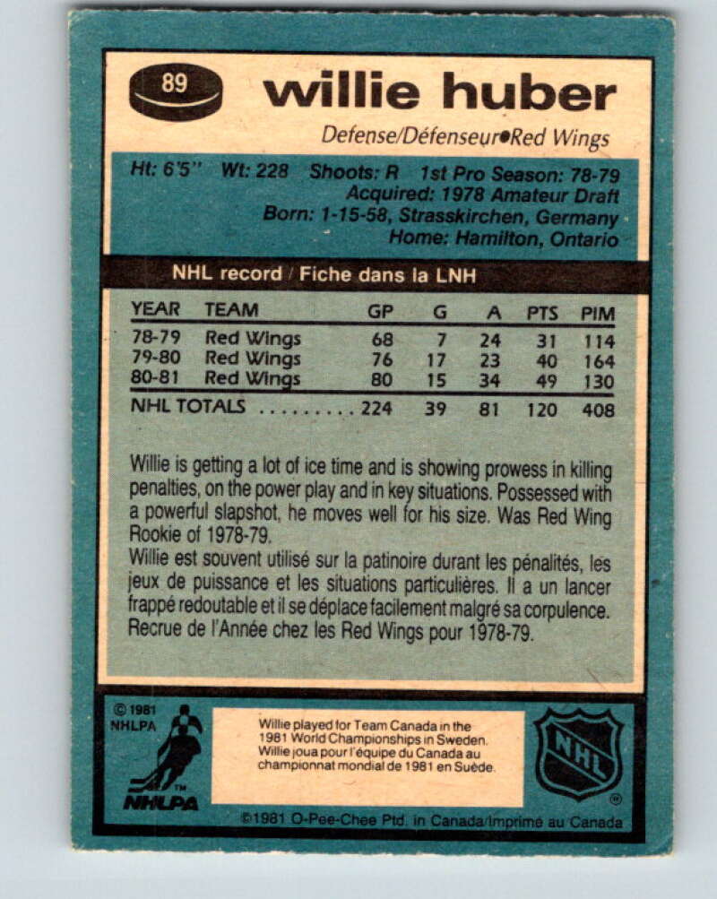 1981-82 O-Pee-Chee #89 Willie Huber  Detroit Red Wings  V30064