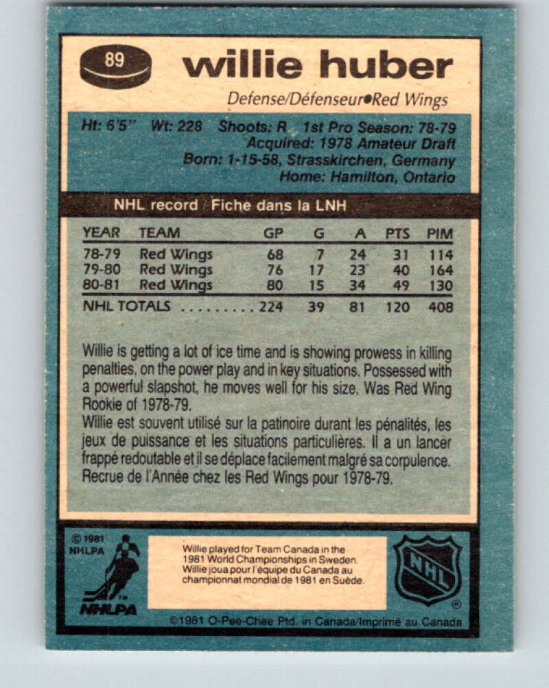 1981-82 O-Pee-Chee #89 Willie Huber  Detroit Red Wings  V30068