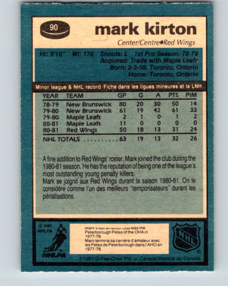 1981-82 O-Pee-Chee #90 Mark Kirton  RC Rookie Detroit Red Wings  V30070