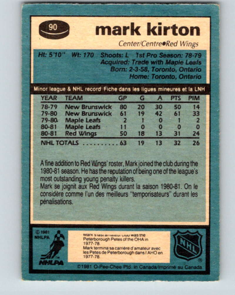 1981-82 O-Pee-Chee #90 Mark Kirton  RC Rookie Detroit Red Wings  V30071