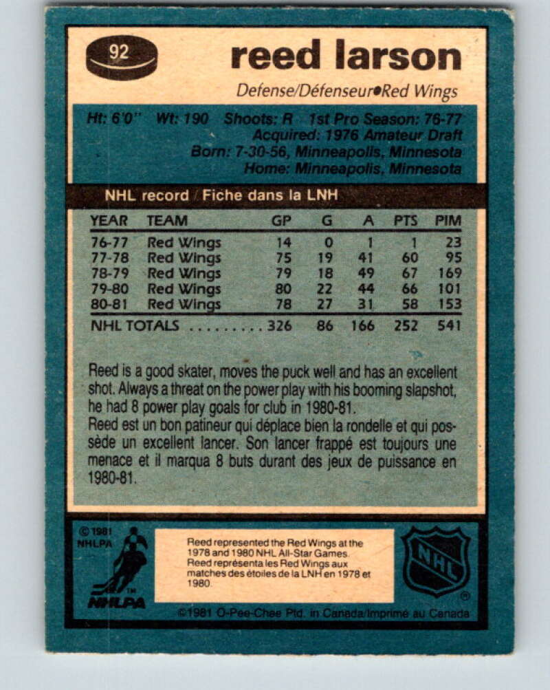 1981-82 O-Pee-Chee #92 Reed Larson  Detroit Red Wings  V30085