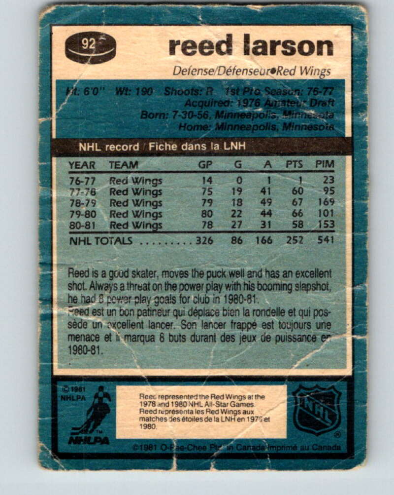 1981-82 O-Pee-Chee #92 Reed Larson  Detroit Red Wings  V30087