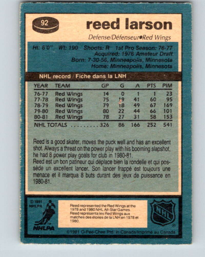1981-82 O-Pee-Chee #92 Reed Larson  Detroit Red Wings  V30088