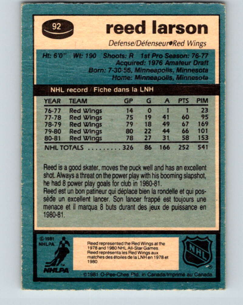 1981-82 O-Pee-Chee #92 Reed Larson  Detroit Red Wings  V30089