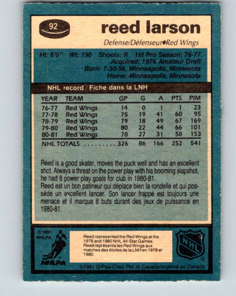 1981-82 O-Pee-Chee #92 Reed Larson  Detroit Red Wings  V30090