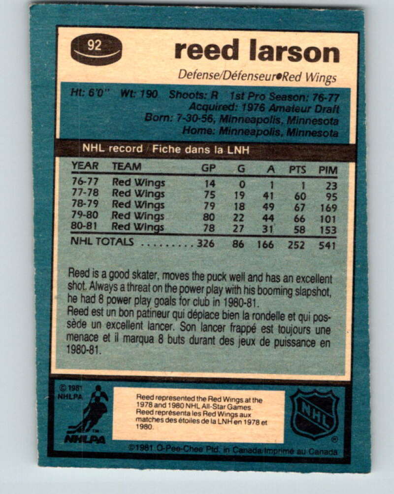 1981-82 O-Pee-Chee #92 Reed Larson  Detroit Red Wings  V30091