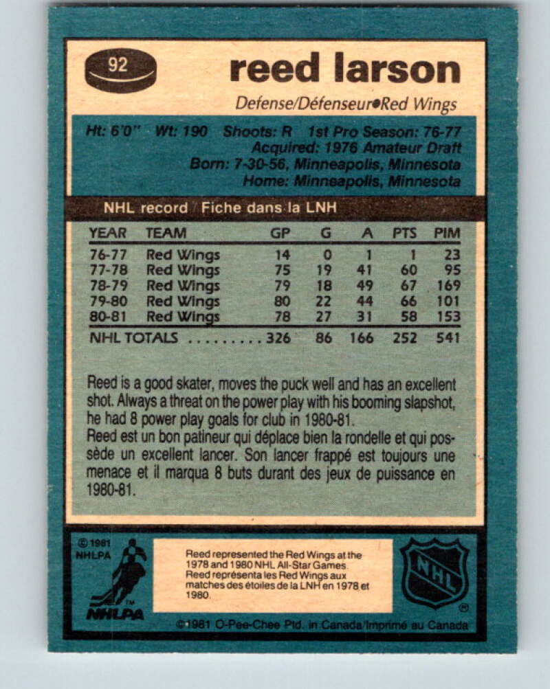 1981-82 O-Pee-Chee #92 Reed Larson  Detroit Red Wings  V30092