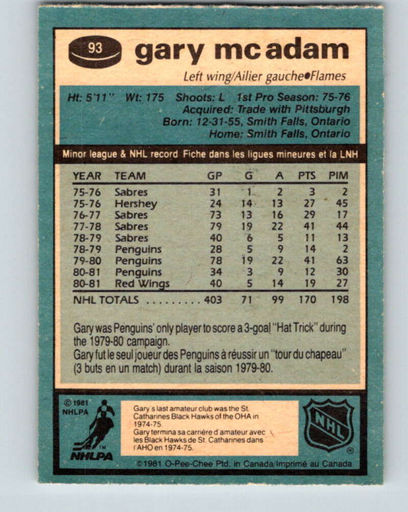 1981-82 O-Pee-Chee #93 Gary McAdam  Calgary Flames  V30097