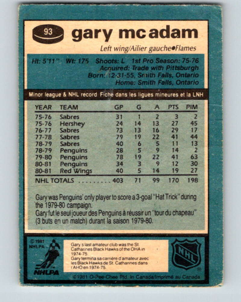 1981-82 O-Pee-Chee #93 Gary McAdam  Calgary Flames  V30101