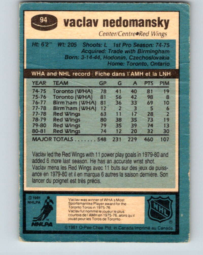 1981-82 O-Pee-Chee #94 Vaclav Nedomansky  Detroit Red Wings  V30105