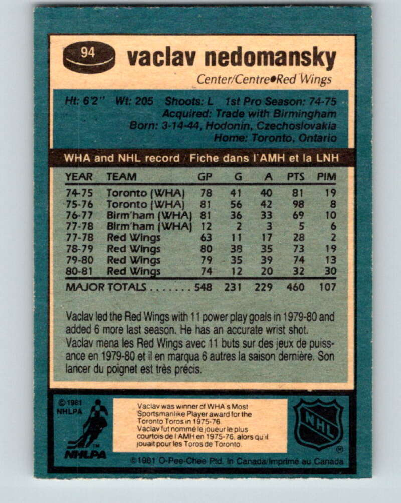 1981-82 O-Pee-Chee #94 Vaclav Nedomansky  Detroit Red Wings  V30106
