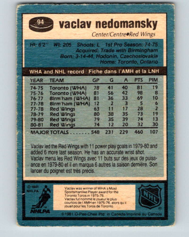 1981-82 O-Pee-Chee #94 Vaclav Nedomansky  Detroit Red Wings  V30109