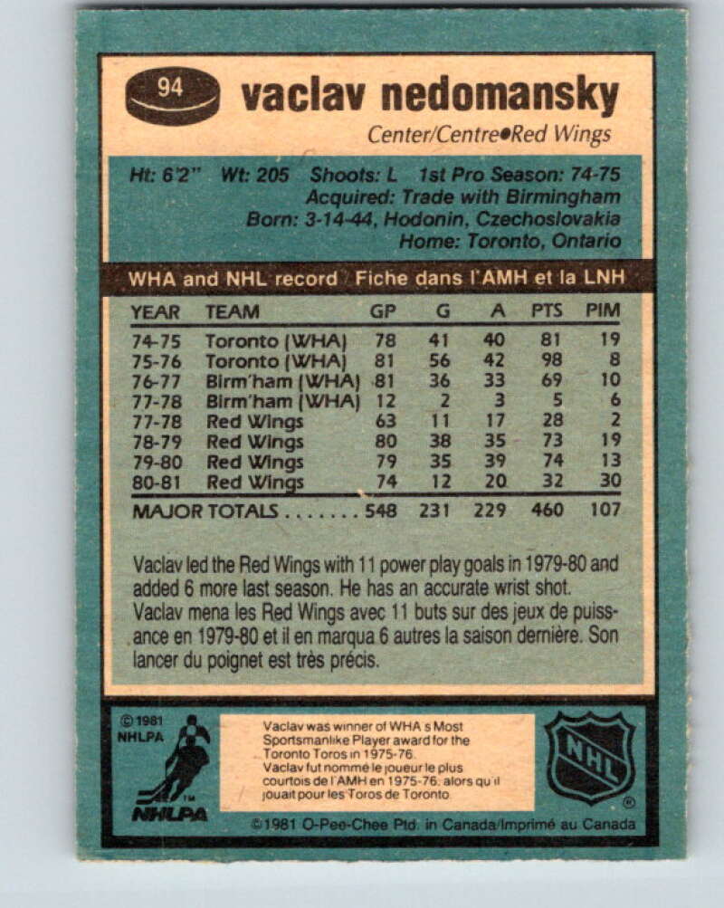 1981-82 O-Pee-Chee #94 Vaclav Nedomansky  Detroit Red Wings  V30111