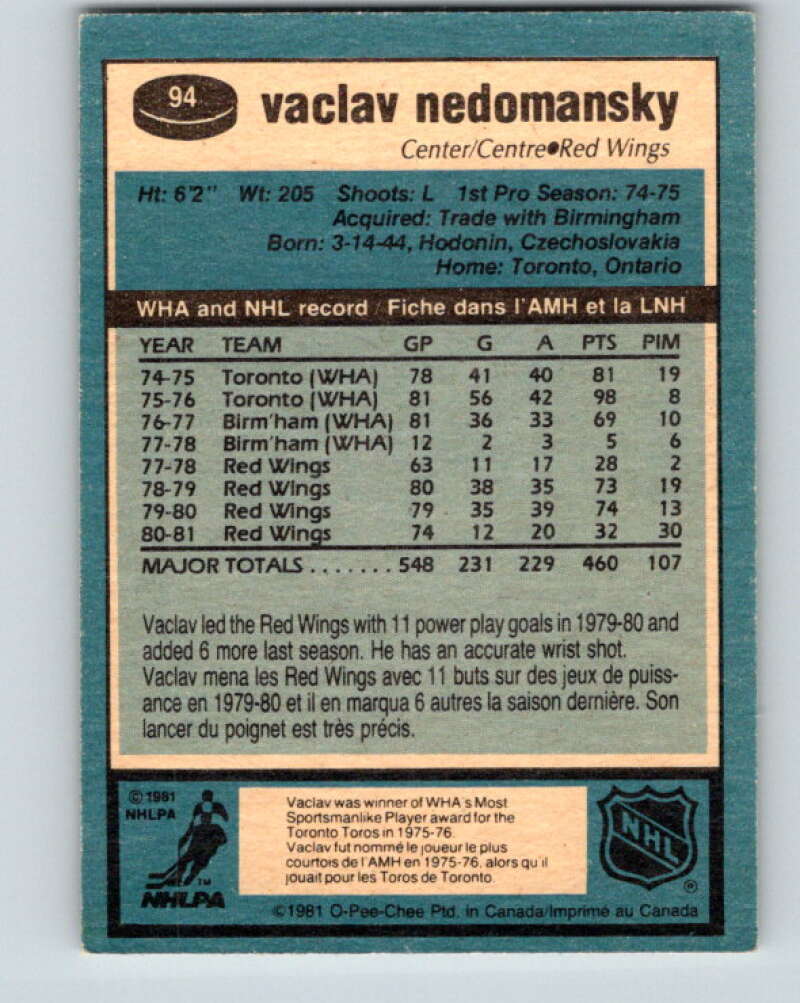1981-82 O-Pee-Chee #94 Vaclav Nedomansky  Detroit Red Wings  V30114