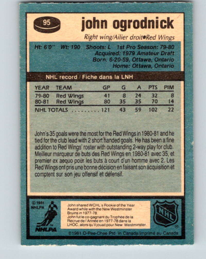 1981-82 O-Pee-Chee #95 John Ogrodnick  Detroit Red Wings  V30118