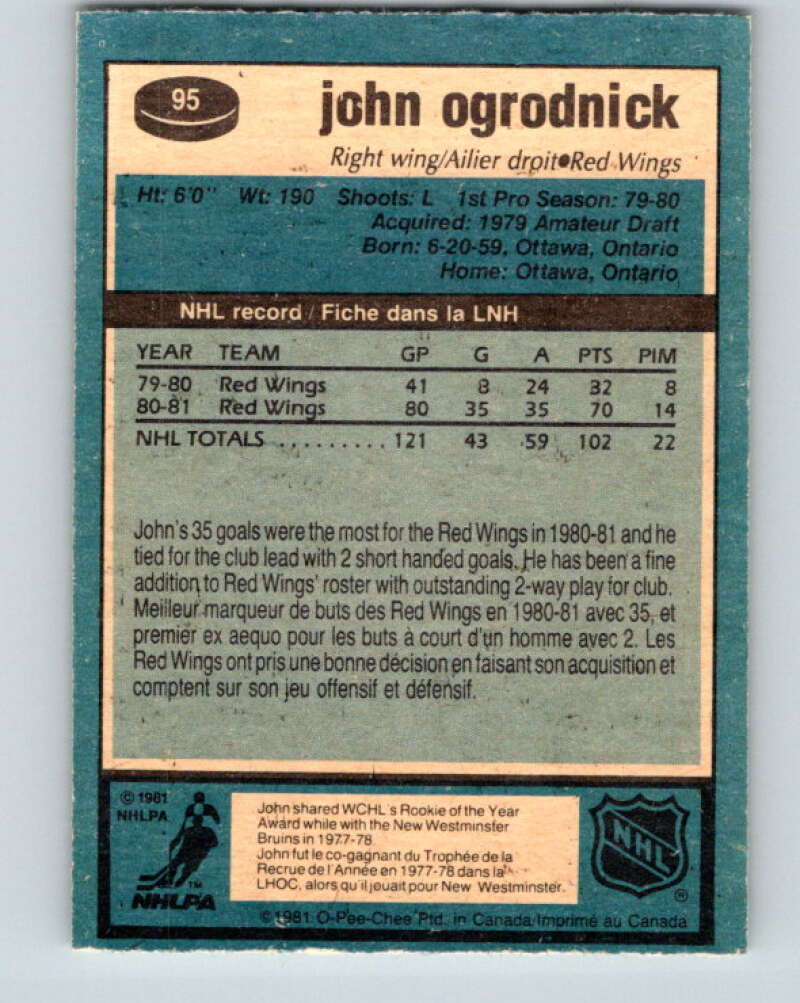 1981-82 O-Pee-Chee #95 John Ogrodnick  Detroit Red Wings  V30120