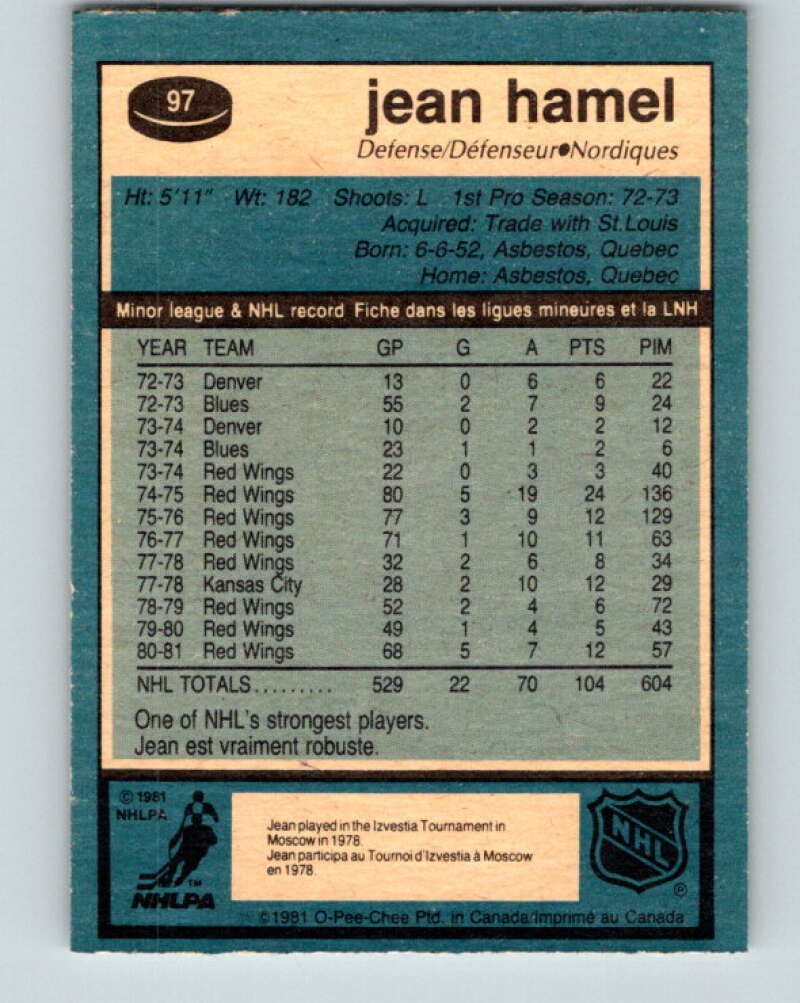 1981-82 O-Pee-Chee #97 Jean Hamel  Quebec Nordiques  V30149