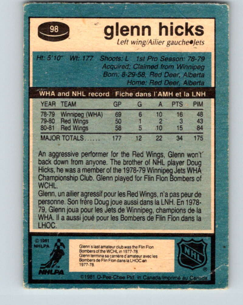 1981-82 O-Pee-Chee #98 Glenn Hicks  RC Rookie Winnipeg Jets  V30151