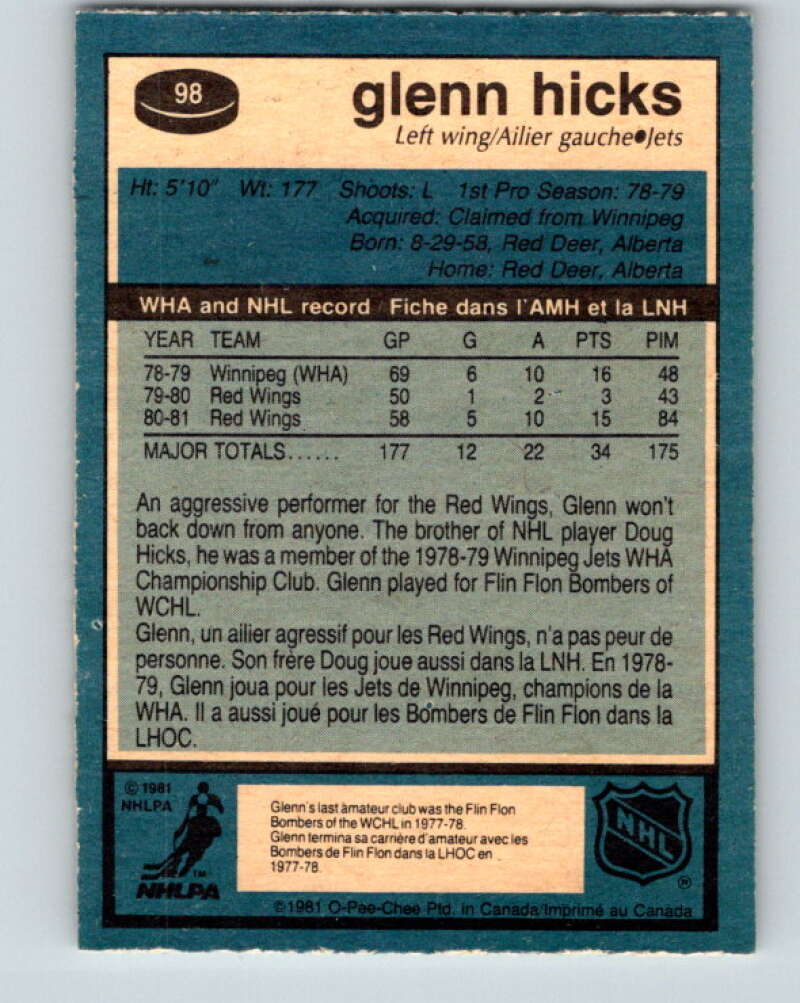 1981-82 O-Pee-Chee #98 Glenn Hicks  RC Rookie Winnipeg Jets  V30152