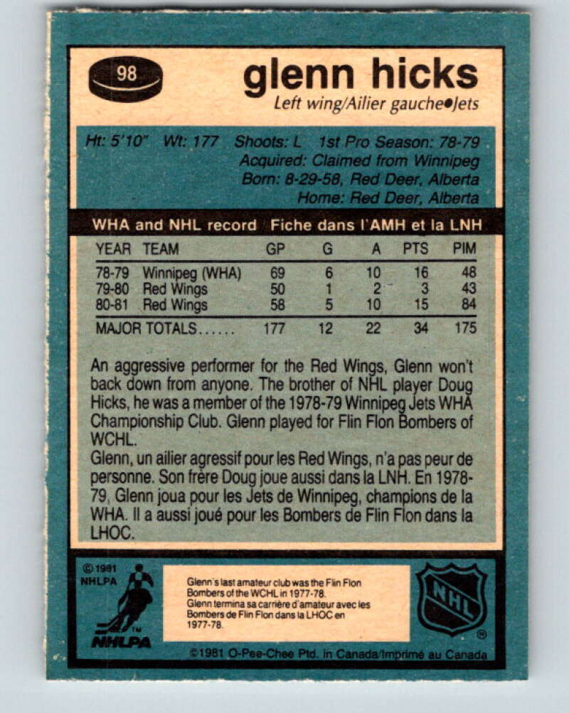 1981-82 O-Pee-Chee #98 Glenn Hicks  RC Rookie Winnipeg Jets  V30154