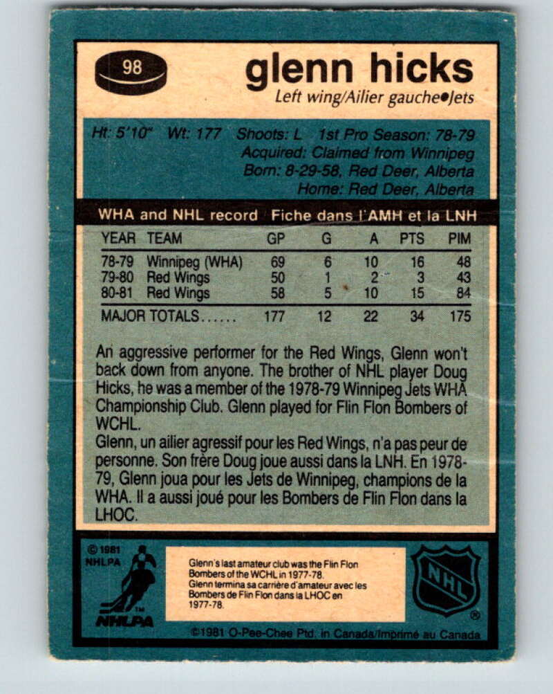 1981-82 O-Pee-Chee #98 Glenn Hicks  RC Rookie Winnipeg Jets  V30155